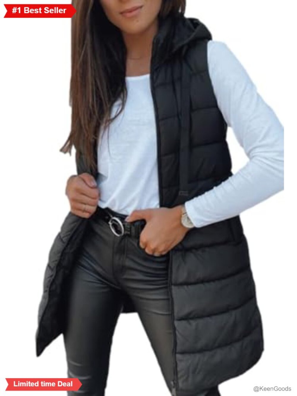 Women's Long Puffer Vest Sleeveless Hooded Quilted Winter Outerwear